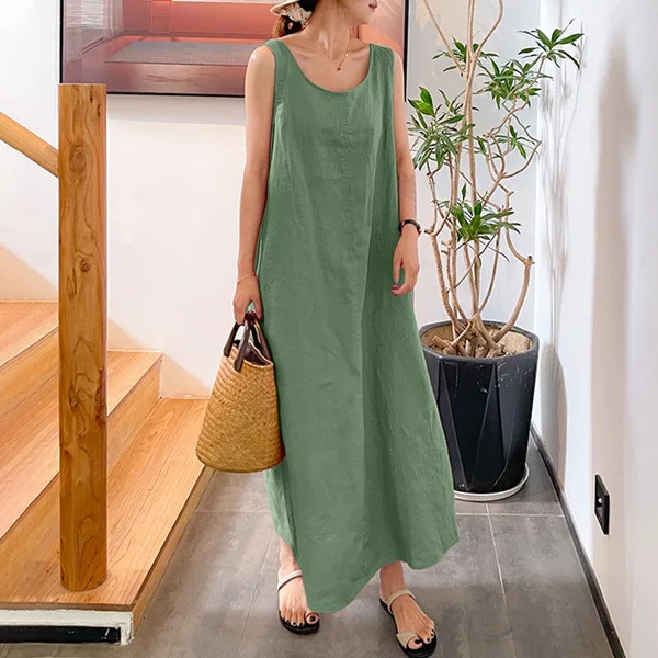 Summer New Long Version of the Halter Cotton Linen Simple Wind Loose  Pockets Round Neck Women's Sleeveless Dresses Sehe Fashion| Alibaba.com