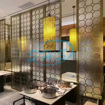 Customized Hotel Restaurant Project Metal Panels and  Glass Room Dividers Stainless Steel Decorative Screens Golden Color