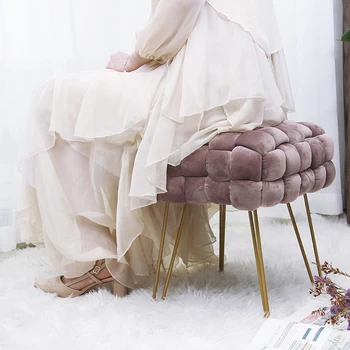 HStex 2021 Velvet Stool Tufted Soft Ottoman Round Stool Pouffe Ottoman Footstool Chair Foot Stool
