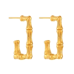 YUKAM Boho Vintage Earrings 18K Gold Plated Stainless Steel Geometric Big Square Textured Bamboo Hoop Earrings for Women Jewelry