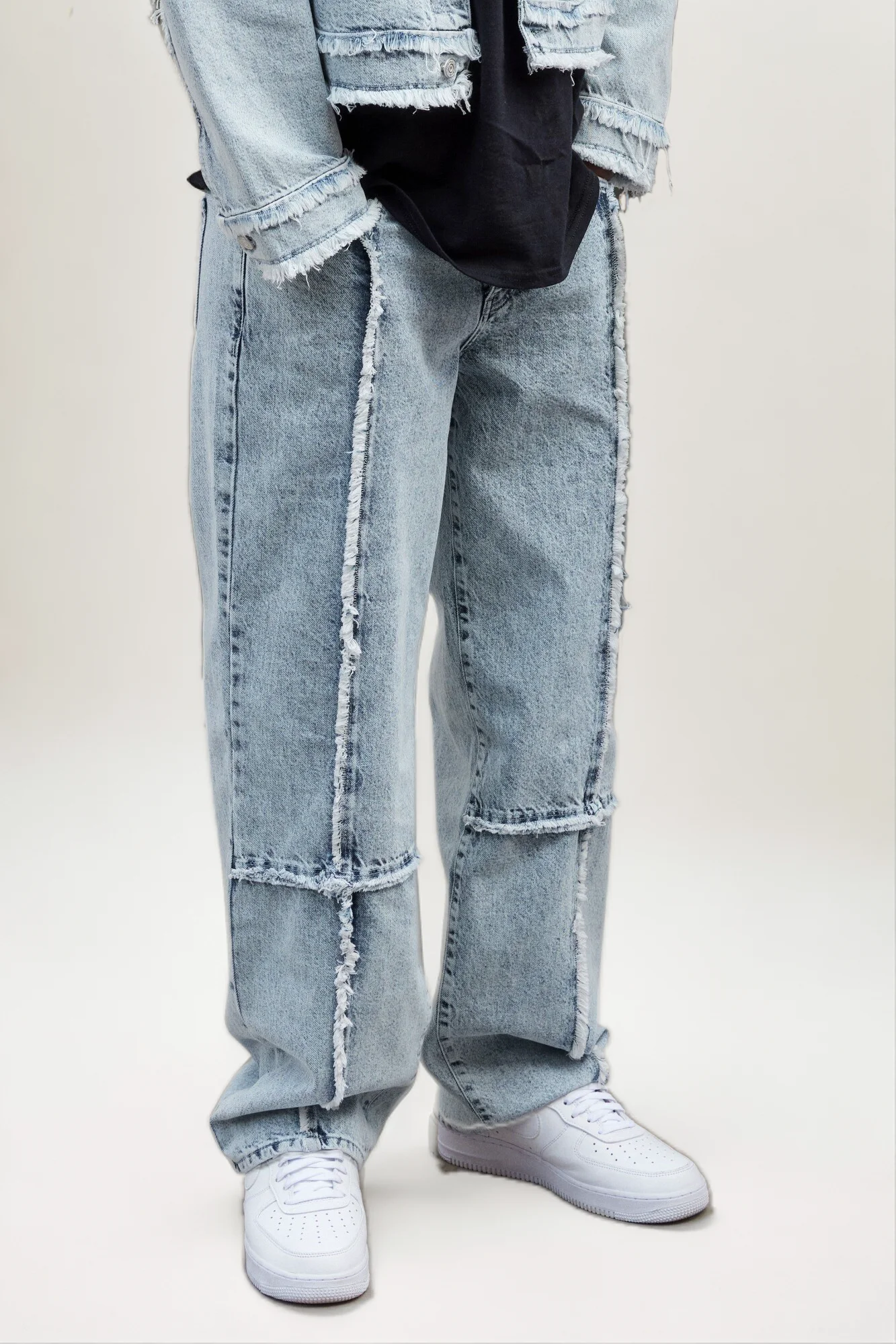 Custom Wholesale Factory Direct Sales of Men's New Casual Fashion Items Spliced Raw Edge Fried Snowflake Wash Straight Leg Jeans