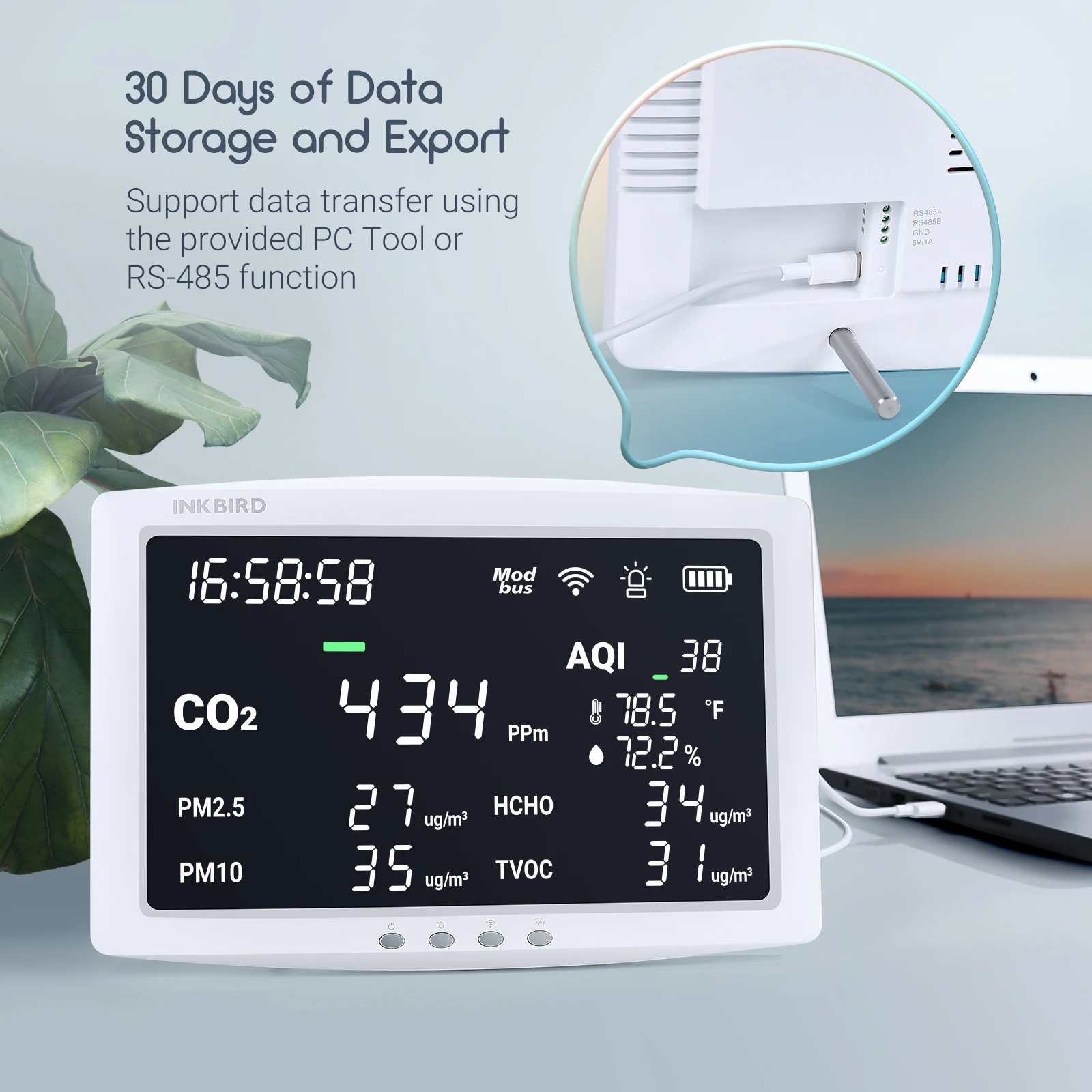 INKBIRD WiFi Air Quality Monitor WiFI IAQM-128 For CO2 PM2.5 PM10