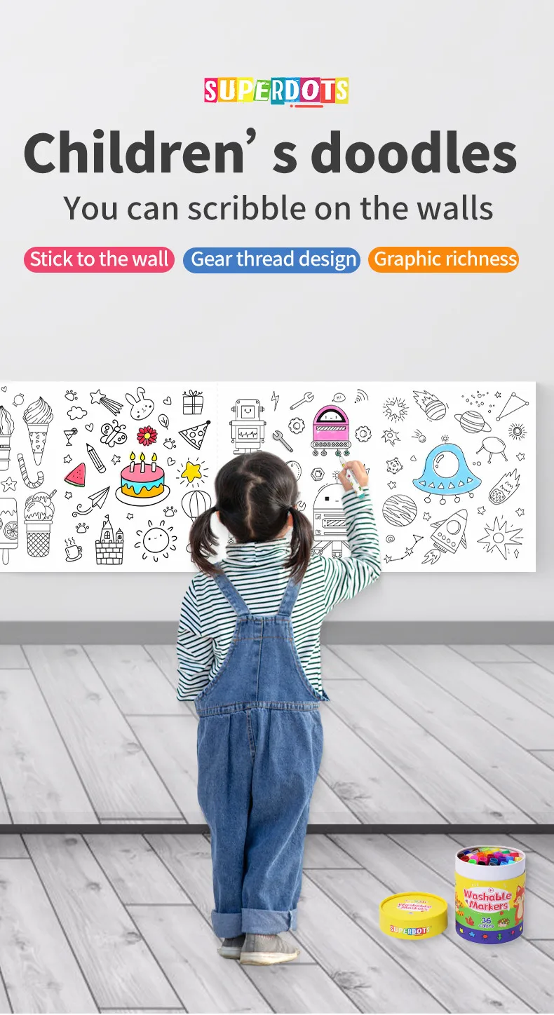 Рулонная бумага Superdots для обучения детей, подарочная упаковка с красивым принтом, 300 см, красящая бумага для граффити для раскрашивания