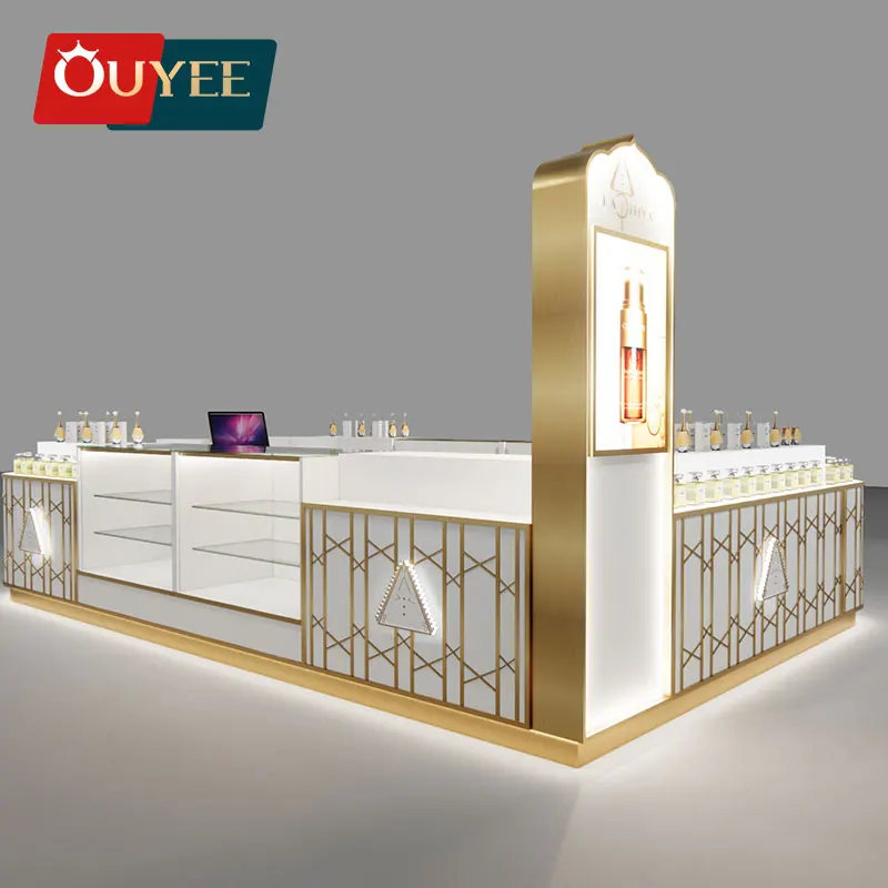 High End Customized Perfume Shop Design Showcase Fragrance Display Counter Gold Stainless Steel Mall Perfume Kiosk With Lighting