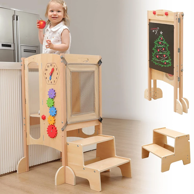Tabouret de cuisine pliable pour tout-petits, aide avec 2 marches, jeux d'activités Montessori, tour d'apprentissage en bois pour bébé avec filet de sécurité