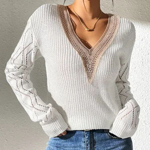 Wholesale Women's Clothing New Lace V-Neck Knit Women's Top Casual Base Layer Women's Sweater