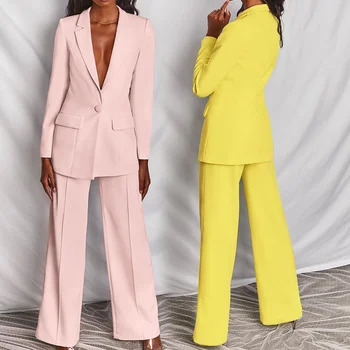 Custom Logo Ladies Coat Pant Suits Fashion Plain Yellow Pink Elegant Women Blazer Suits