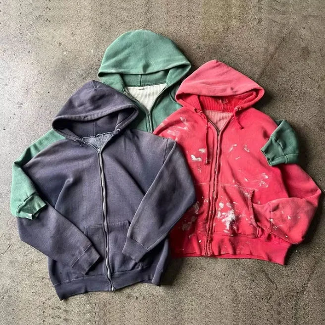 Streetwear Vintage Oversized Waffle Drop Shoulder Heavyweight 100% Cotton Men Sun Faded Distressed Acid Wash Zip up Hoodies