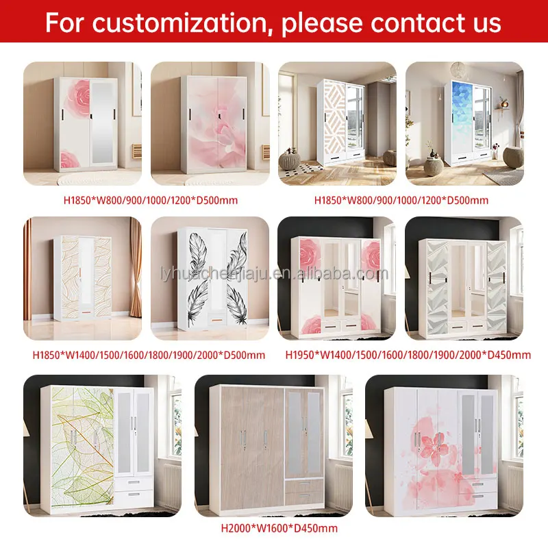 Custom Printed Beautiful Simple Modern Design Steel Metal Wardrobe 2 3 4 5 Door Swing Sliding Glass Mirror for Home Furniture