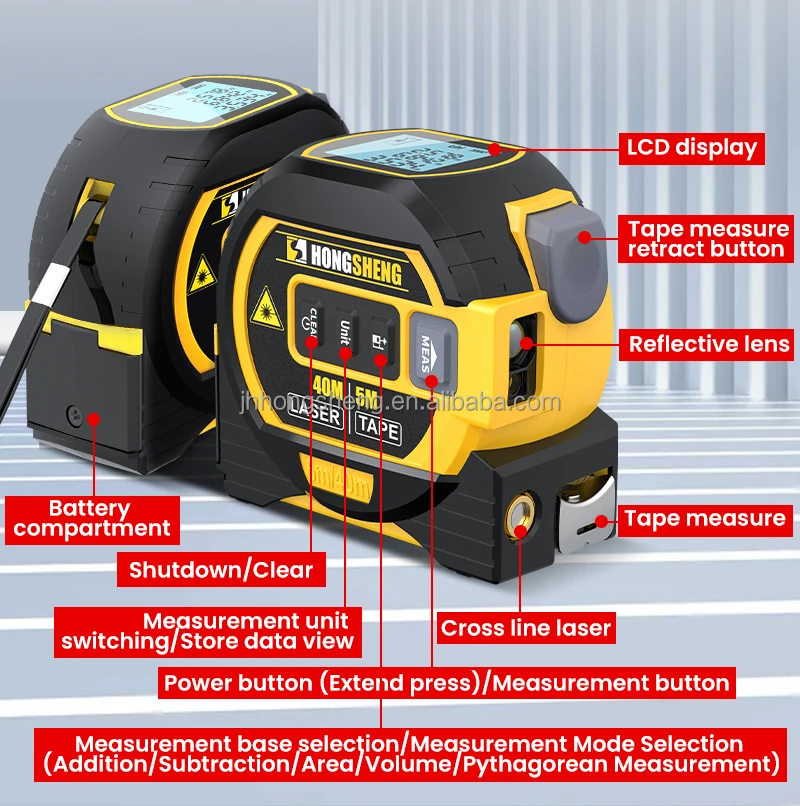 Metro A Nastro Laser 3 In 1 – Distanziometro Laser 40 M + Nastro 5 M + Laser A Croce – Con Display Retroilluminato, Memoria 20 Dati E Calcolo Area/Volume/Pitagora