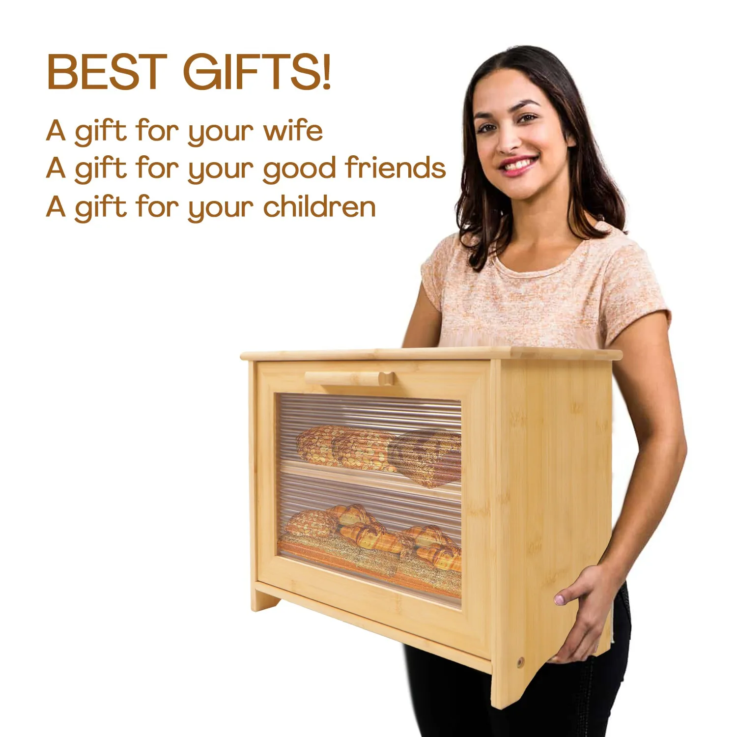Double Layer Bread Box for Kitchen Counter Bamboo Wood Large Capacity Bread Storage Bin with Acrylic Wavy Door Panel