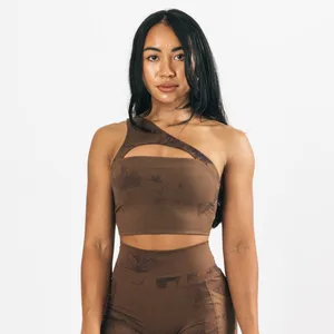 Recycled Material Fitness Wear Sexy Yoga Bra and Pants Sets Custom DRAUGHT BROWN ALPHALUX ASYMMETRICAL BRA