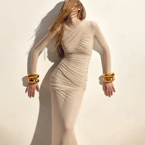 2026 New Long Sleeve Sexy Mesh Perspective Dress Fashion Hot Girl Pleated Slim Dress Solid