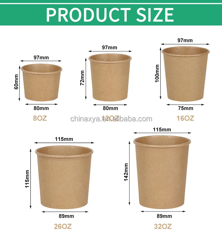 Disposable Biodegradable 8oz 12oz 16oz 26oz 32oz Take Away Food Kraft Paper Soup Bowl Cup Container With PP or Paper Lid For Hot details