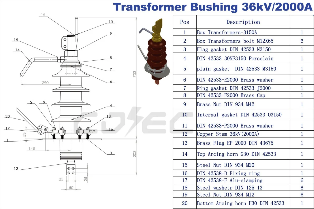 Din 42533 High Voltage Electrical Power Transformer Bushing With