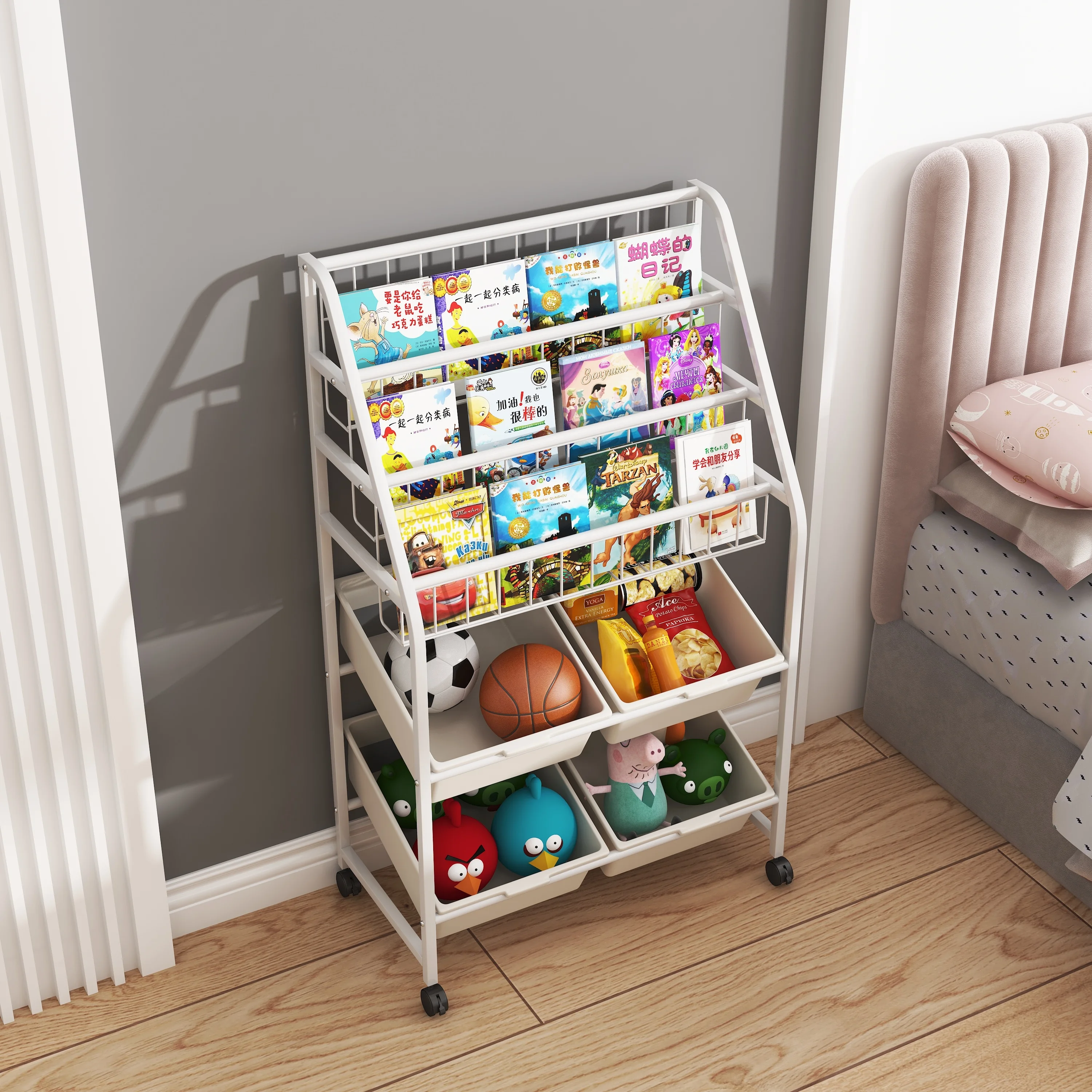 Modern Vintage Steel Frame Display Bookcase Metal Book Shelf Kids Storage Book Rack Shelves Children Toy Storage Rolling Cart