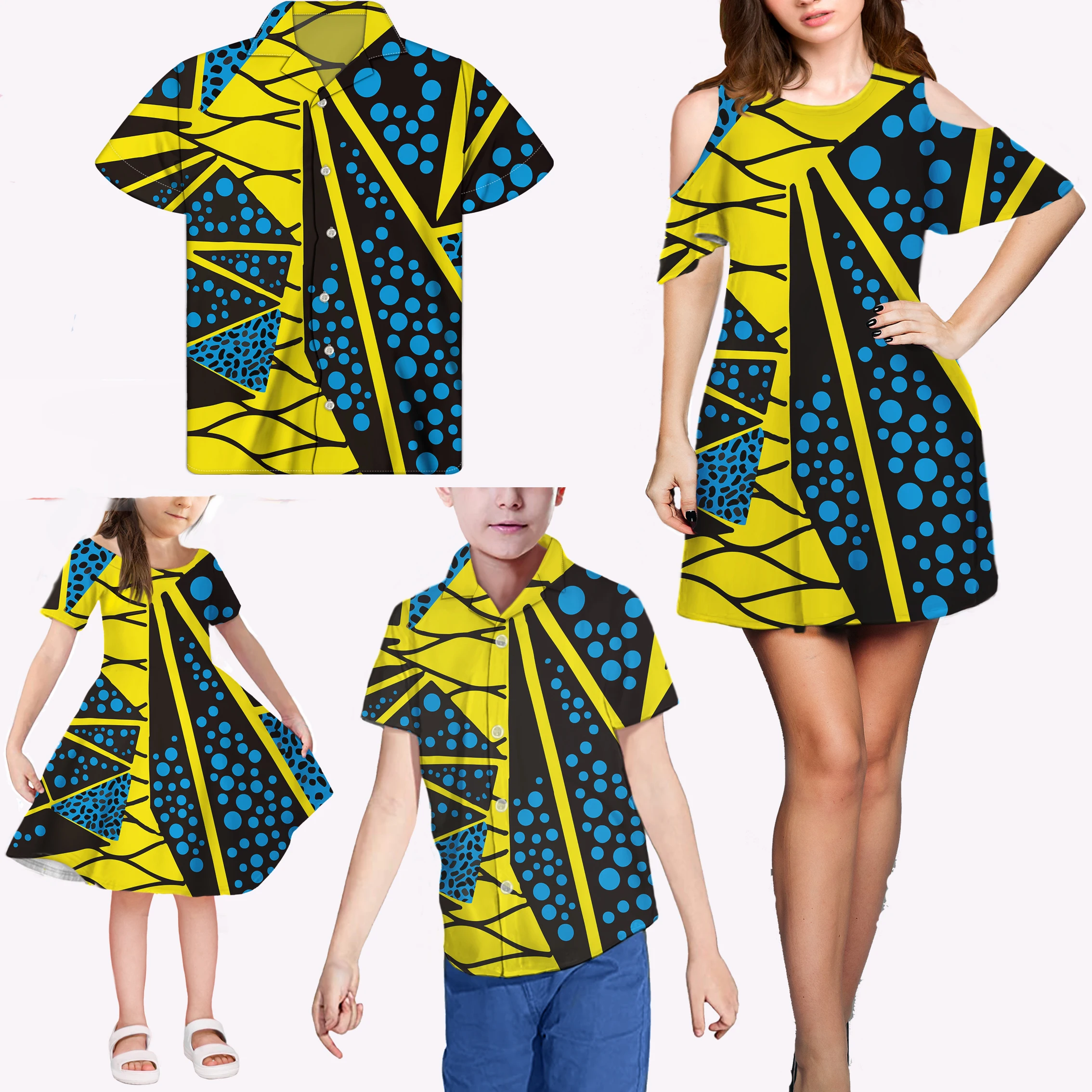 Fashion African Yellow and Blue Pattern Family Matching Women Casual Dress  T Shirt Men Oversize Dress Kids Girl Children Wear