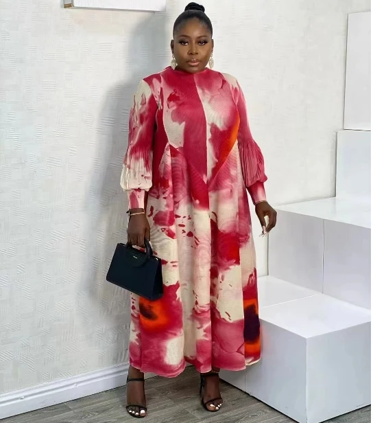 Sheen High Quality Ladies Fashion Print Pleated Plus Size Lady Casual  Dresses Miyake African Designs in Chiffon Women Long Dress