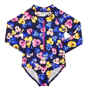 Colorful Flower Pattern Beachwear Swimsuit for Girls Quick Dry One Piece Girls Swimwear with Front Zipper for Summer