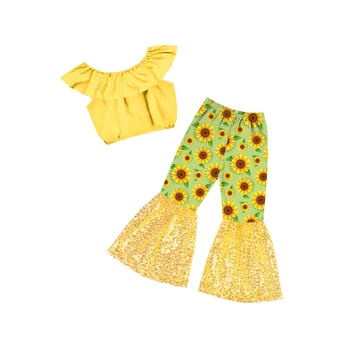Ruffle Top And Sequin Bell Bottoms Girls Clothing Boutique 2 Piece Outfit Baby Clothes Set