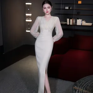 Bettergirl 2026 Ramadan Heavy industry nail bead V-neck long sleeved lace patchwork dress