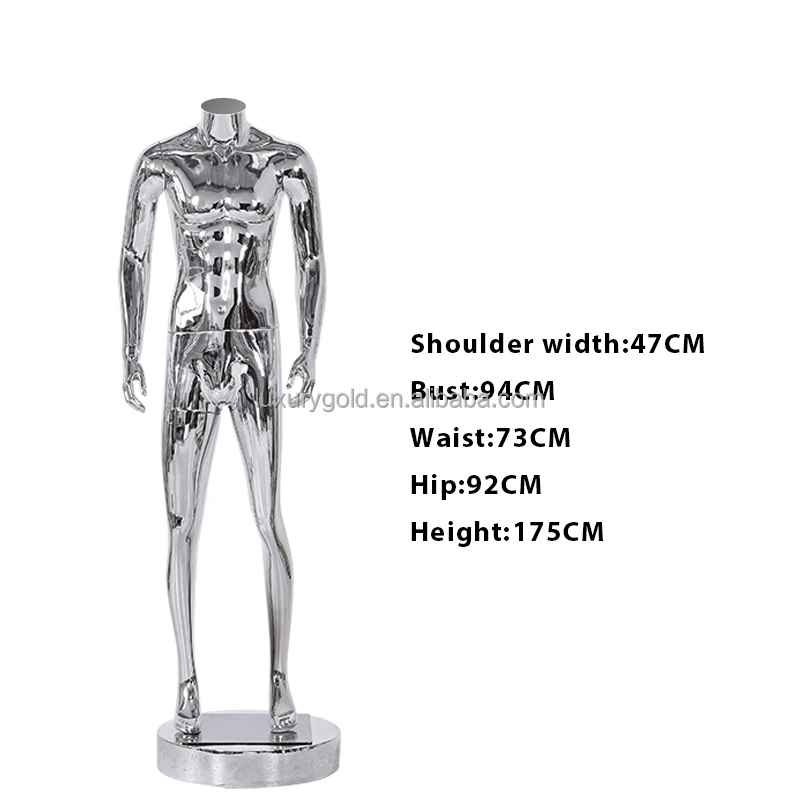 Silver Chrome Headless Men Mannequin Full Body Glossy Male Mannequin
