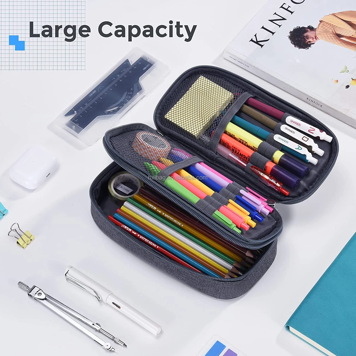 Multifunctional Pencil Pen Marker Case Pouch Bag Holder Small Cute Capacity for High Middle Primary School Student Aesthetic Teen Portable Candy Design Gray 