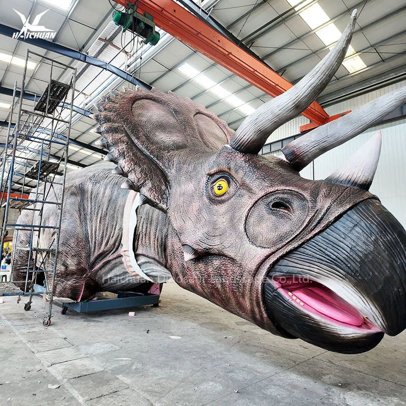 China Dinosaur Manufacturer L=20m Huge Full Scale Animatronic Triceratops Dinosaur Model for Dino Adventure Park Decoration