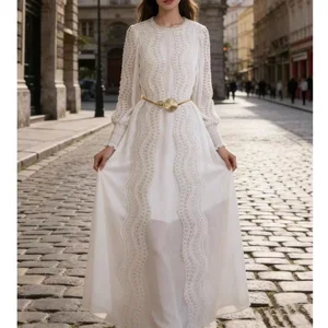 Factory Wholesale Lace Dress Women's 2026 Spring Autumn Holiday O-Neck Lace Stitching Long High-Waisted Party Female