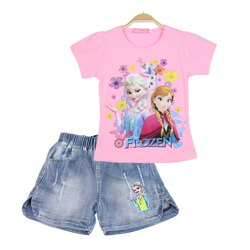 Комплект одежды для девочек хлопковая футболка с короткими рукавами «Эльза и Анна»; Сезон лето; Детские джинсы; Шорты; Одежда для детей, комплект из двух предметов детская одежда Sofia; Пони