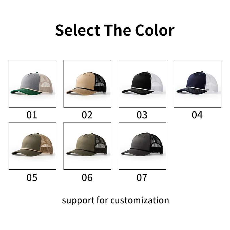 Custom High Quality Blank Mesh Back Trucker Hat Wholesale Custom Embroidered 5 Panel Cotton Trucker Hat With Rope