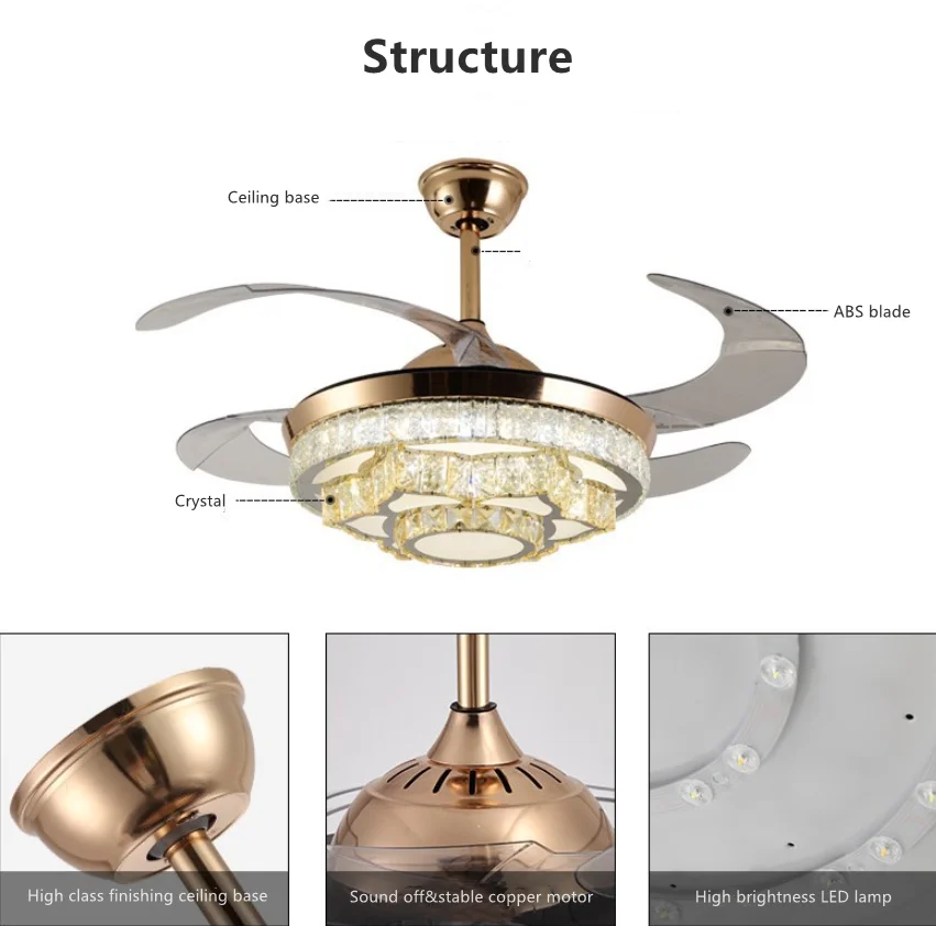 42inch  ceiling fans with light crystal led chandelier fixture retractable blades remote control led ceiling fan