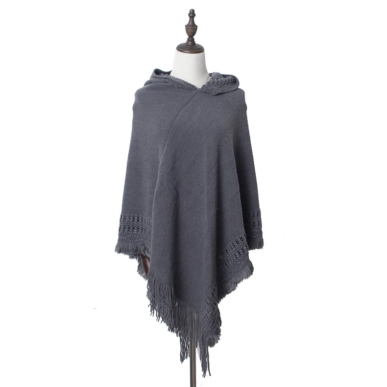 oversized fashion knit tassels cloak capes phocho sweater  scarf Knitted hooded cape shawl
