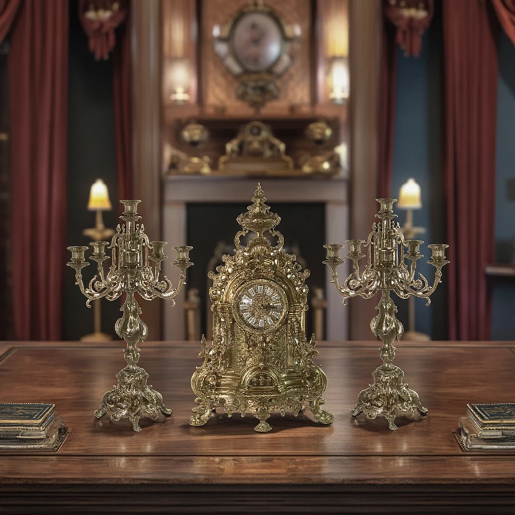 Custom Brass Table Clock and Candlestick Luxury Exquisite Retro Desk Clock and Candlestick