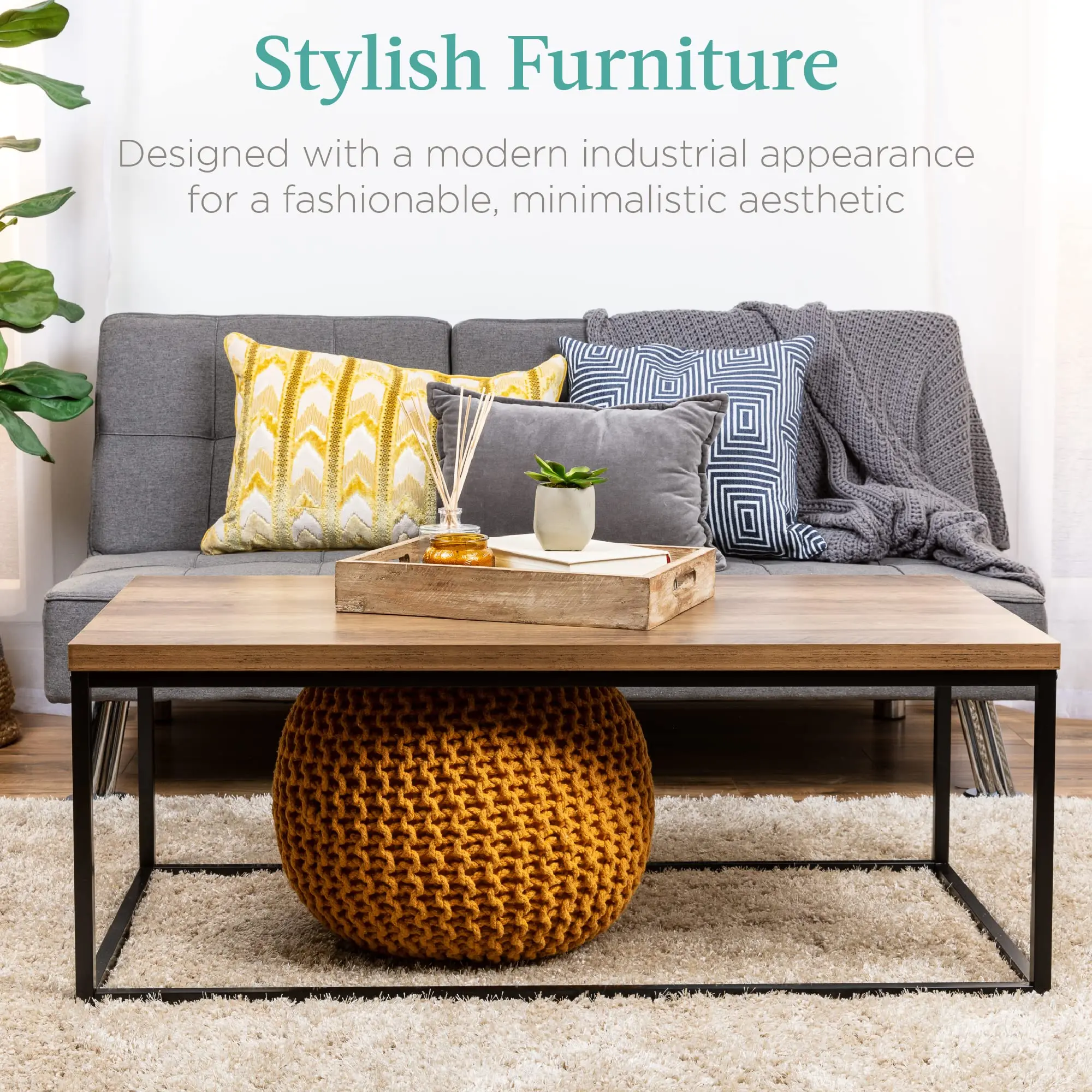 AJUNION 44 Inch Metal Frame Rectangular Wood Grain Top Coffee Table Modern Industrial Living Room Furniture MDF Coffee Table
