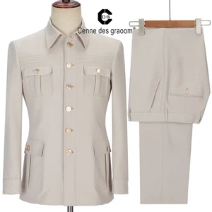 Cenne Des Graoom Beige Safari Men's Suits Tailor-Made Blazers Pants Business Causal Party Singer Groom Wedding Prom