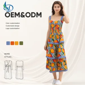 Women's Summer New Fashionable Slim Fit Long Skirt Casual Style Fruit Print Pattern Ruffled Chiffon