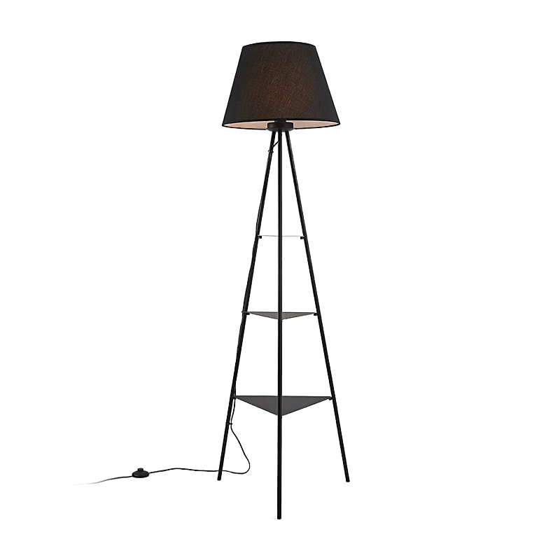 Modern Simple Black Linen Shade Standing Tray Shelf Tripod Floor Lamp For Office Living Room