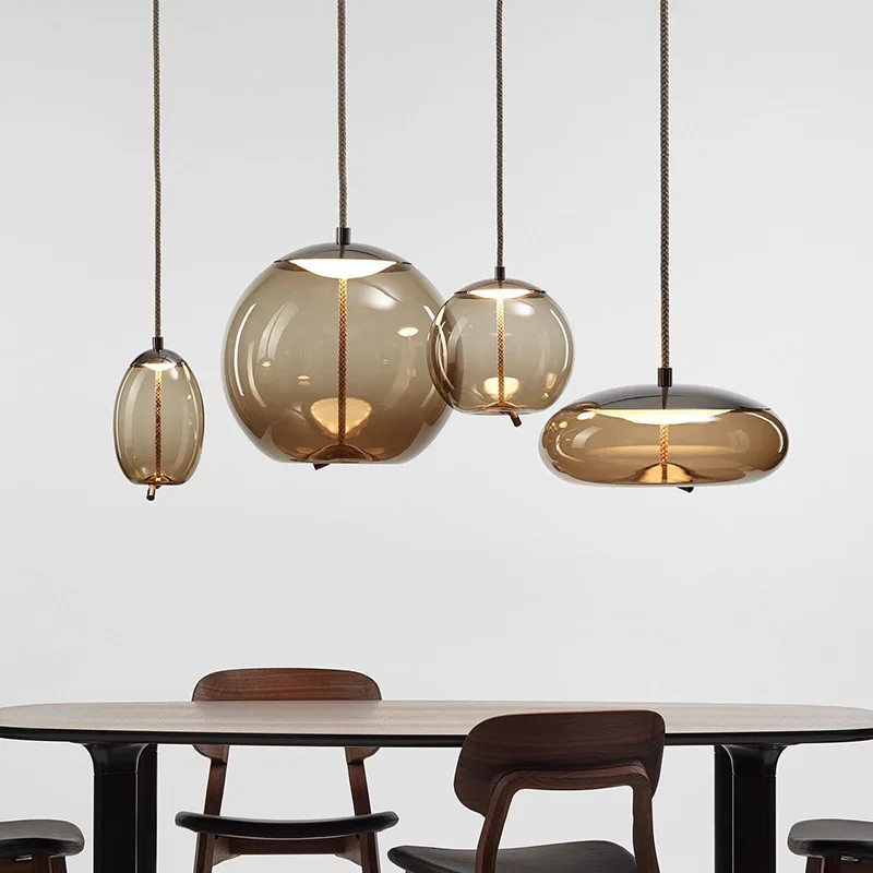 Simple Twisted Rope Glass Led Pendant Light Creative Smoke Gray Glass Kitchen Restaurant Chandelier