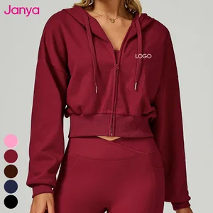 Janya Women's Loose Casual Crop Hoodie Ribbed Hem Full Zipper Custom Logo Breathable Sports Jacket Autumn Long Sleeve Sweatshirt