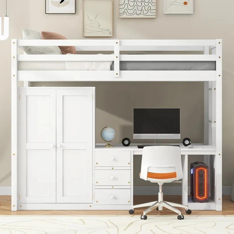 Loft Kids Bed with Wardrobe, Desk & Storage Drawers - Twin Size, Space ...