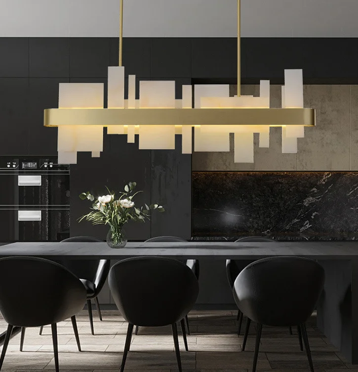 Minimalistic Nordic Style Copper Chandelier Simple Design Spanish Marble Pendant Light Rectangle Long for Decorative Lighting