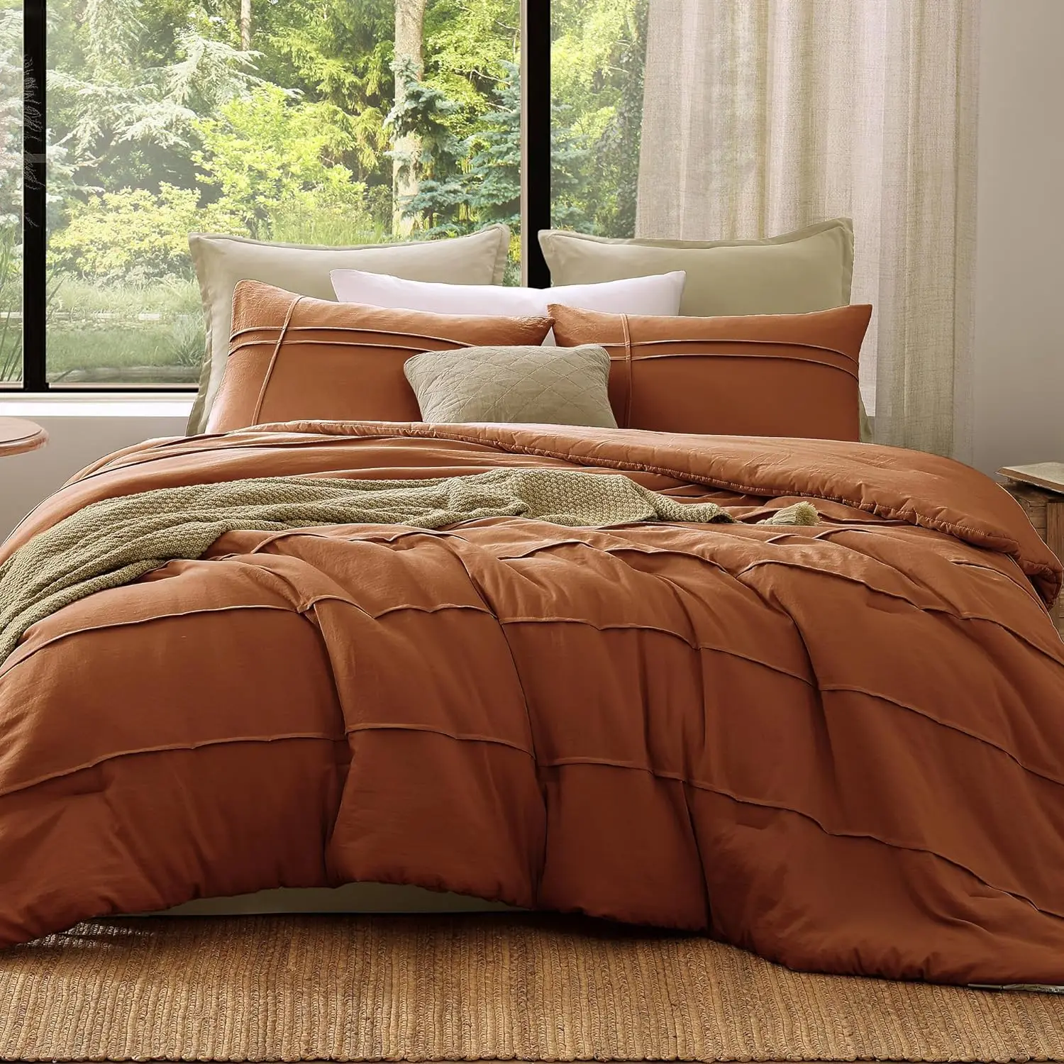 Custom Comforter Burnt Orange Pinch Pleat Comforter for Full Size Bedding,3 Piece Warm Fluffy Custom Bedding Sets