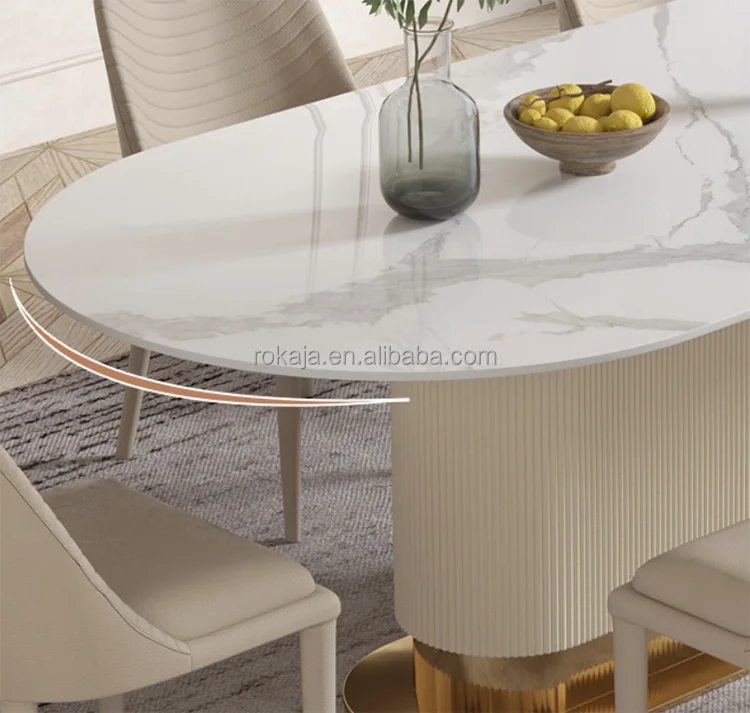 Dining Table Set Luxury Rectangular Marble Top Gold Metal Base