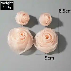 Eco-Friendly 3D Flower Bud Satin Fabric Alloy Stud Earrings Single Face Organza Headdress Accessory for Baby Girls Hair Barrette
