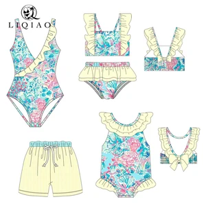 LIQIAO Custom Kids Swimwear Set Ruffled Floral Print Children One-Piece/Bikini/Boy Shorts Swimsuit OEM Low MOQ