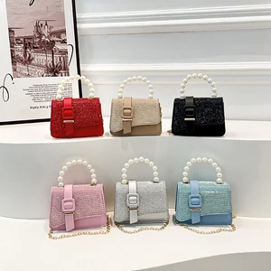 2026 New Arrival Bling Bling Pearl Handle Chain Small Square Bag For Baby Girls Children Mini Crossbody Bag