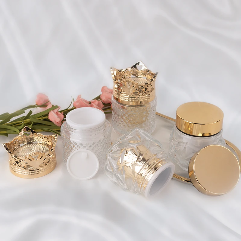 50g 100g Refillable Skincare Packaging Face Cream Glass Jar Crown Lid Special Plastic Gold Cap Jar details