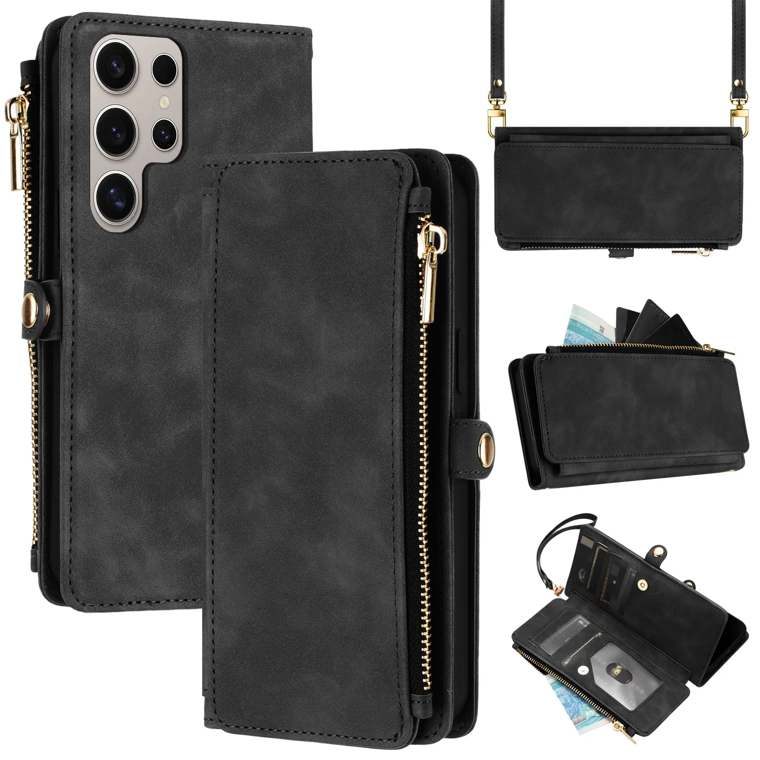 Custom Luxury Leather Phone Case with Desk Stand For Samsung S25 Plus Ultra Wallet Matte Lanyard Case Myc1253 details