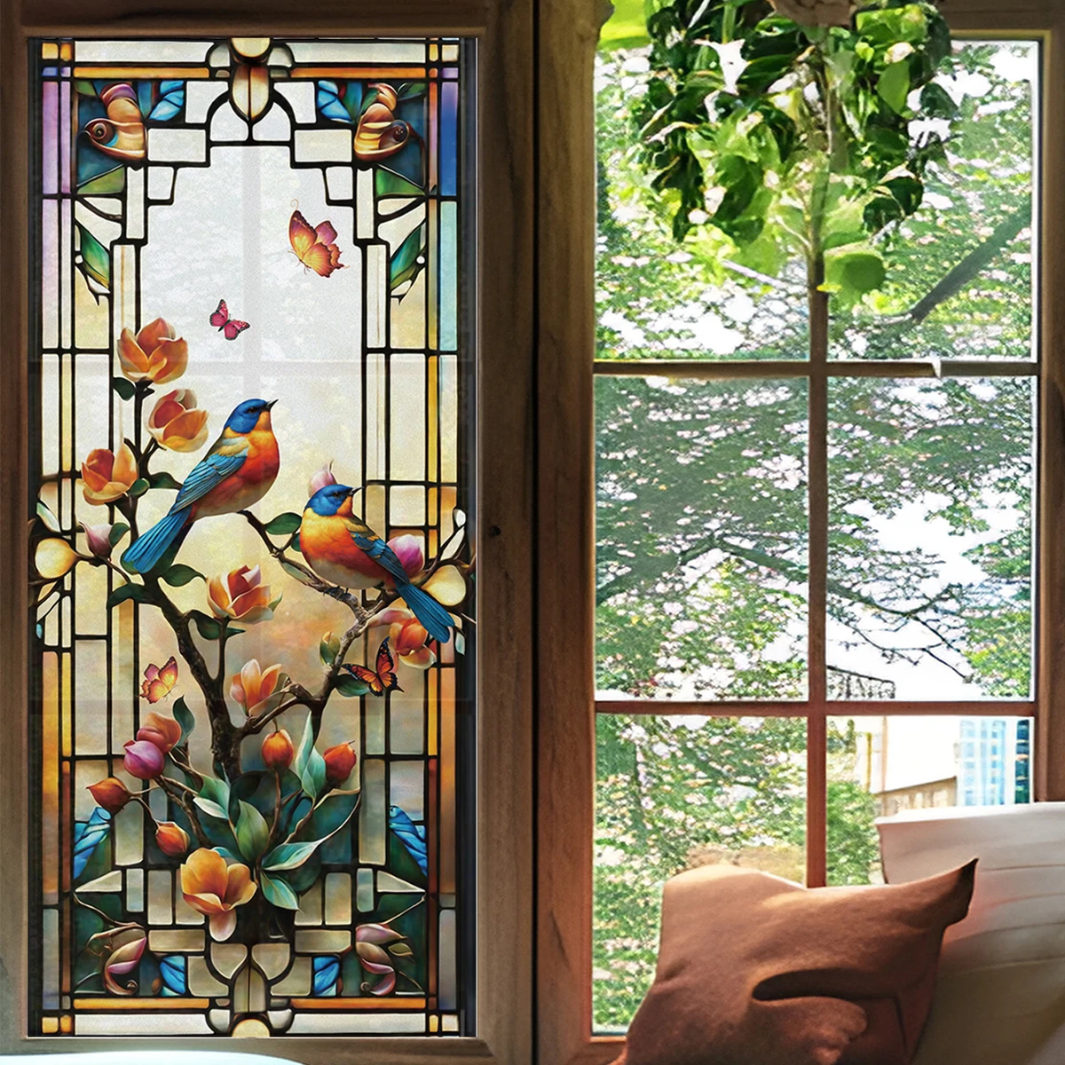 Красочные Ретро Цветы и птицы ПВХ электростатическое стекло наклейка неклейкая пленка на окно съемное украшение окна